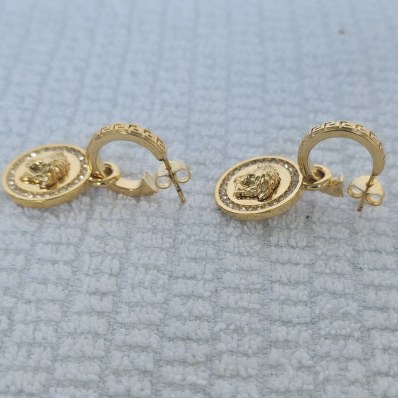 Versace Gold Tone Crystal La Medusa Greca Drop Earrings - Picture 4 of 6